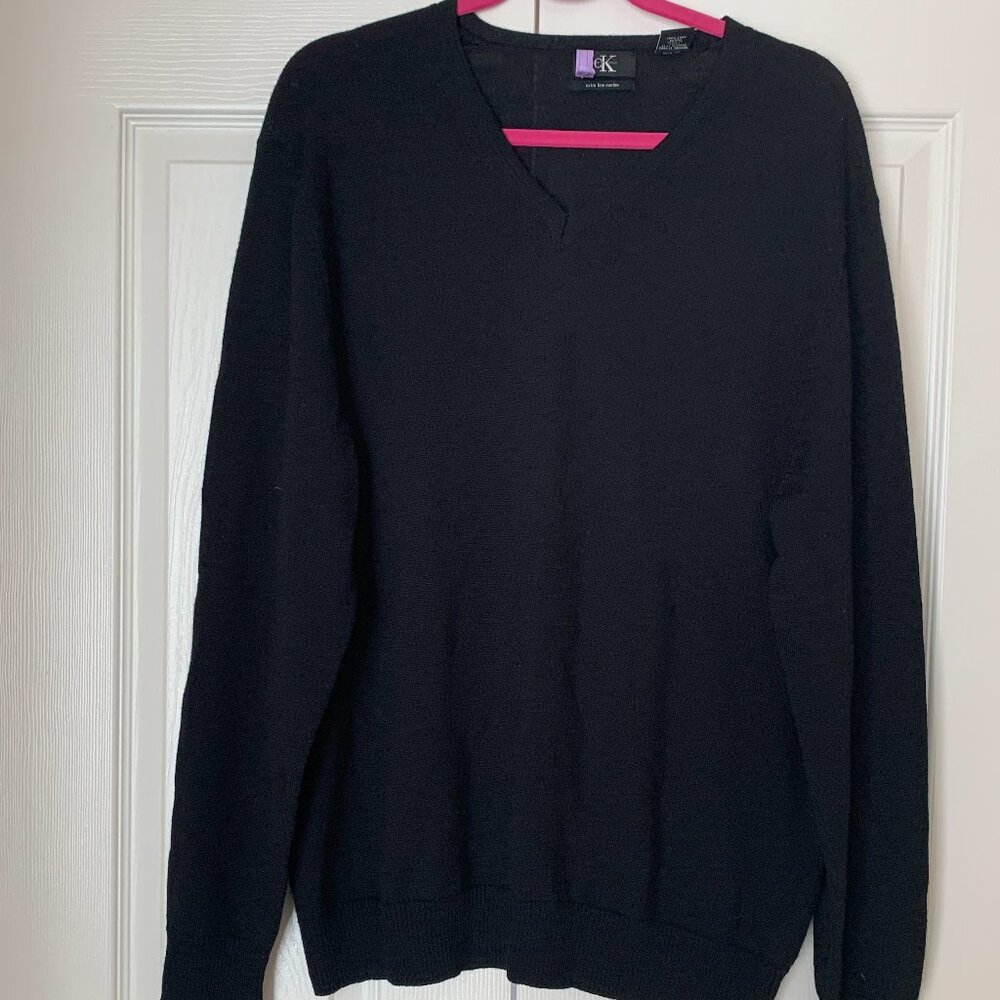 ELXTRA FINE MERINO WOOL Calvin Klein Black Mens V Neck Long Sleeve Calvi…